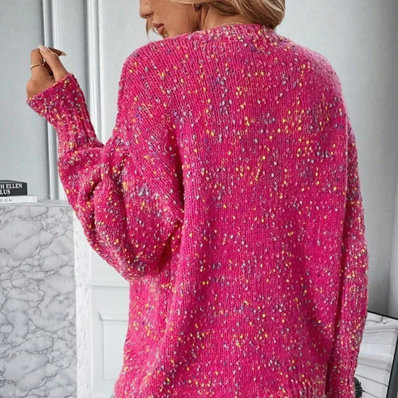 Hot Pink Casual Womens Space Dye Drop Shoulder Sweater - Picture 2 of 5